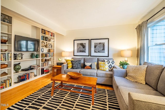 living room with hardwood / wood-style floors and built in features