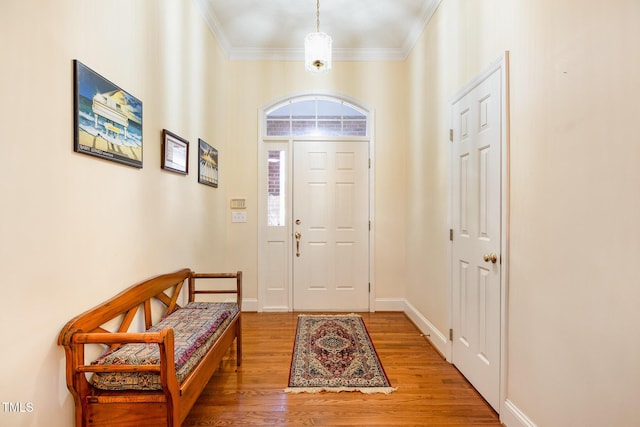 foyer featuring hardwood / wood-style floors and ornamental molding