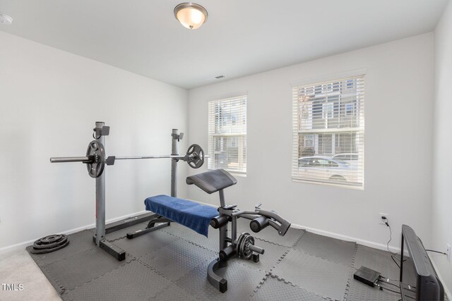 exercise room featuring carpet flooring