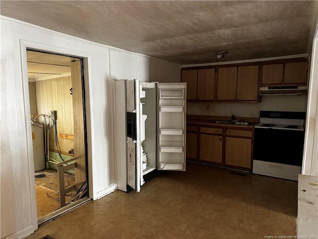 kitchen with white stove and sink