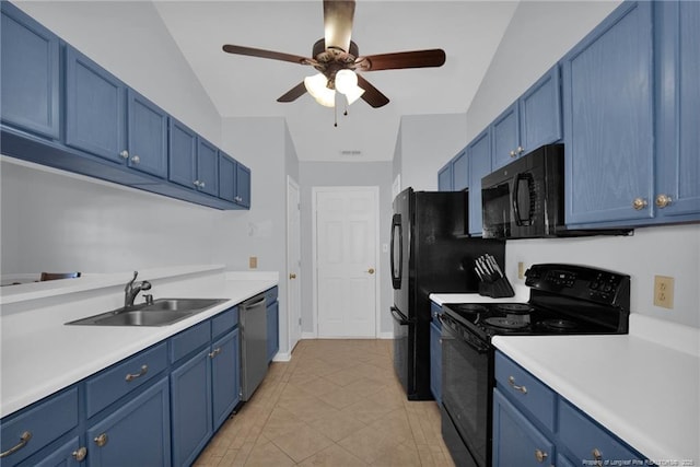 kitchen with blue cabinetry, ceiling fan, sink, lofted ceiling, and black appliances