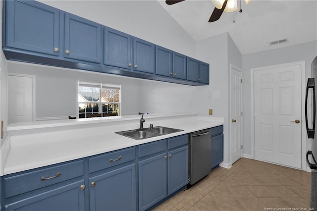 kitchen featuring sink, stainless steel dishwasher, vaulted ceiling, and blue cabinets