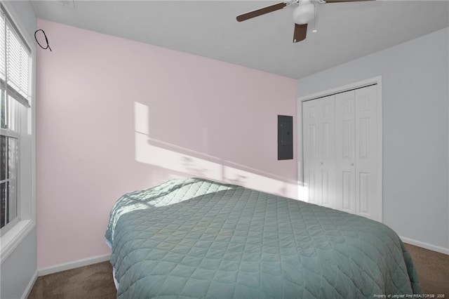 carpeted bedroom with a closet, electric panel, and ceiling fan