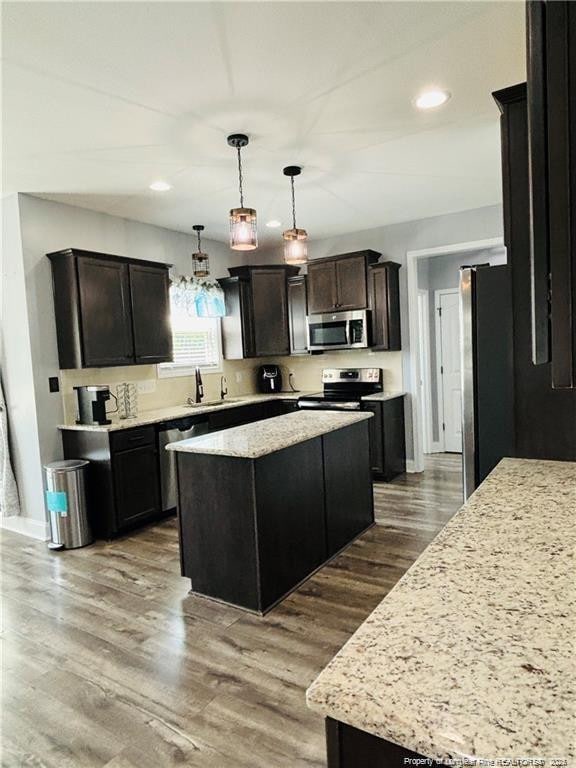 kitchen featuring hardwood / wood-style floors, pendant lighting, a center island, and stainless steel appliances