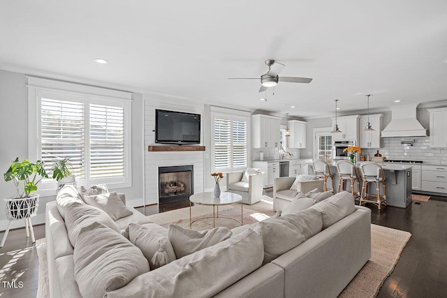 living room featuring a large fireplace, ceiling fan, ornamental molding, dark hardwood / wood-style floors, and sink