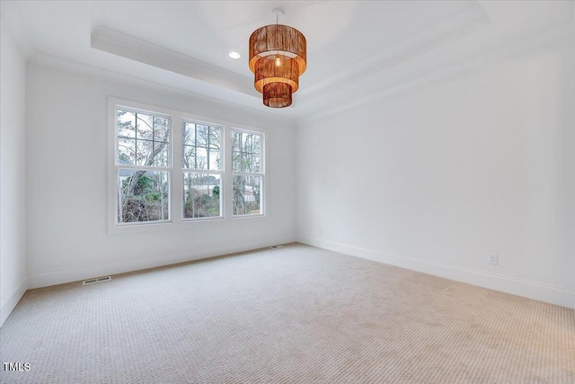 unfurnished room featuring a tray ceiling, carpet, and ornamental molding