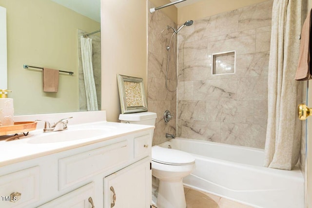 full bathroom featuring tile patterned flooring, vanity, shower / bath combination with curtain, and toilet