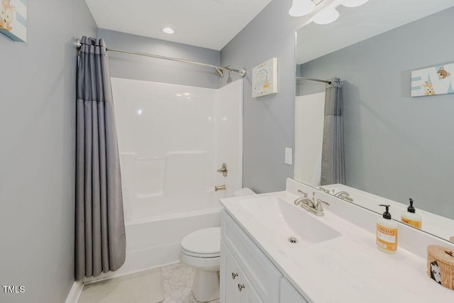 full bathroom with toilet, vanity, and shower / bathtub combination with curtain