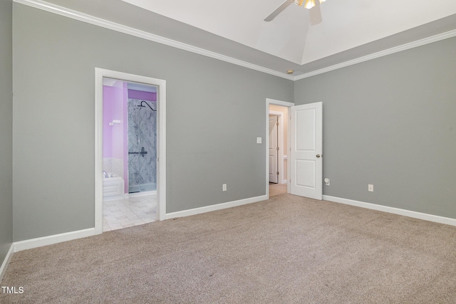 spare room with ceiling fan, ornamental molding, and light carpet