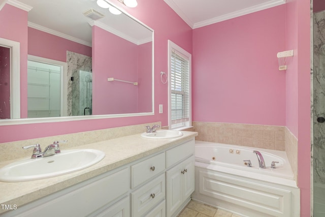 bathroom with separate shower and tub, tile patterned floors, crown molding, and vanity