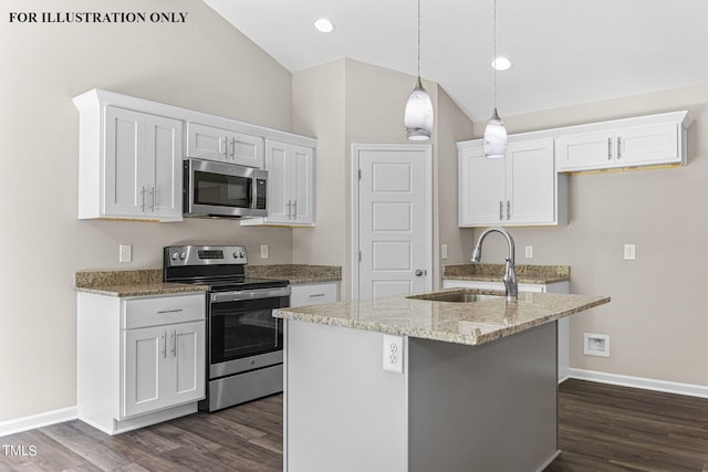 kitchen with stainless steel appliances, a kitchen island with sink, white cabinets, light stone counters, and sink