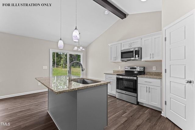 kitchen featuring an island with sink, appliances with stainless steel finishes, sink, and white cabinetry