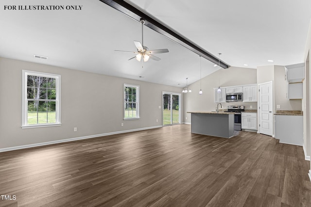 unfurnished living room featuring sink, dark hardwood / wood-style floors, beam ceiling, and a healthy amount of sunlight