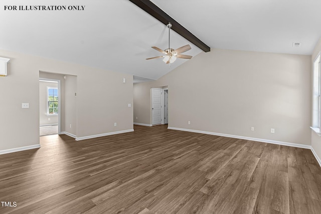 unfurnished living room with vaulted ceiling with beams, dark hardwood / wood-style floors, and ceiling fan