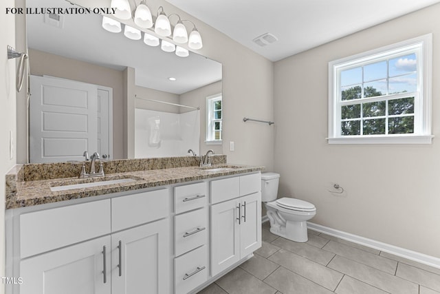 bathroom featuring toilet, a shower, tile patterned floors, and vanity