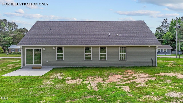 back of property with a lawn and a patio