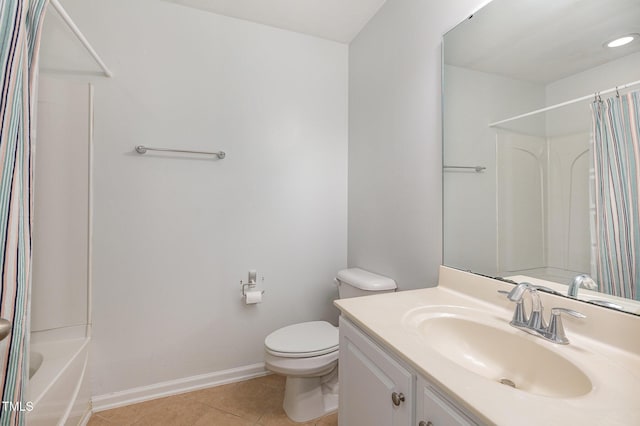 full bathroom featuring tile patterned floors, vanity, shower / bath combination with curtain, and toilet