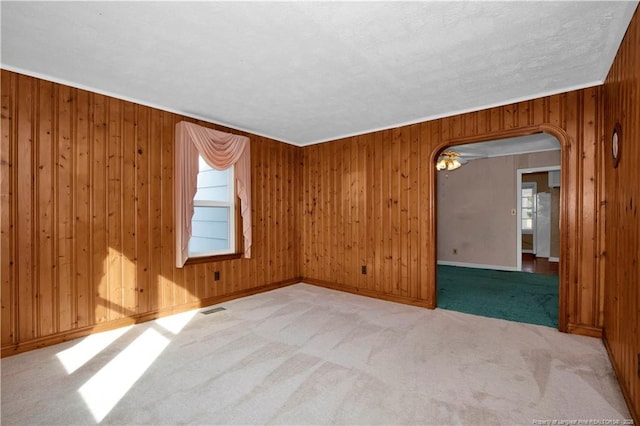 unfurnished room featuring light colored carpet and wood walls