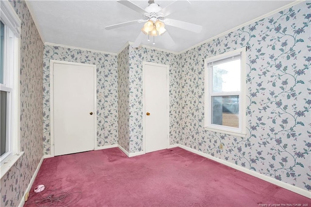 carpeted spare room with ceiling fan and ornamental molding