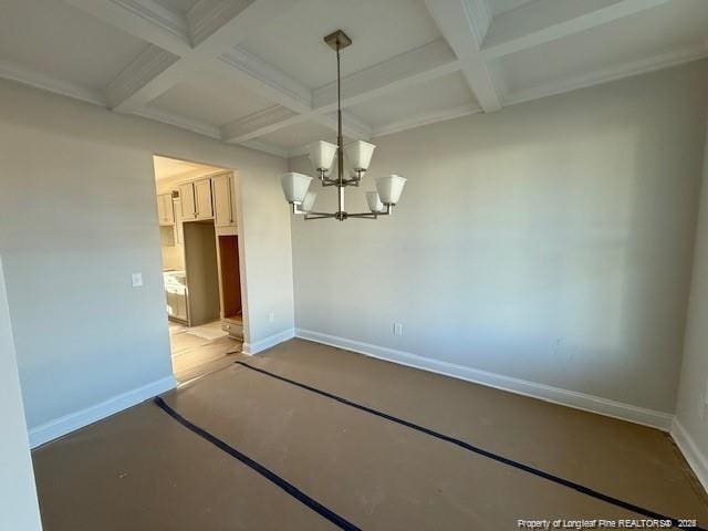 unfurnished dining area with coffered ceiling, a notable chandelier, beamed ceiling, and baseboards