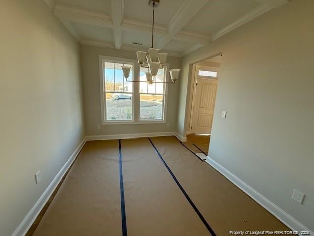 unfurnished dining area with baseboards, coffered ceiling, beam ceiling, and ornamental molding