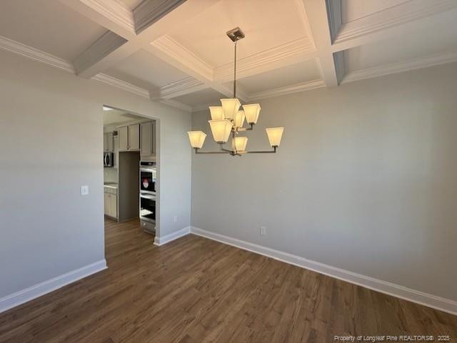 interior space with dark wood-style floors, coffered ceiling, a notable chandelier, and baseboards