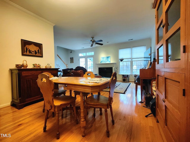 dining space with ceiling fan, light hardwood / wood-style floors, and ornamental molding