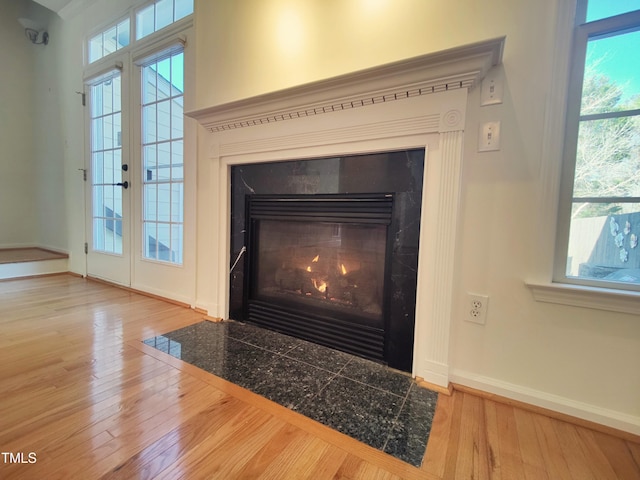 room details with french doors, a fireplace, baseboards, and wood finished floors