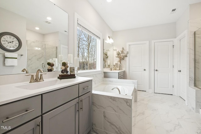 bathroom with plus walk in shower and vanity