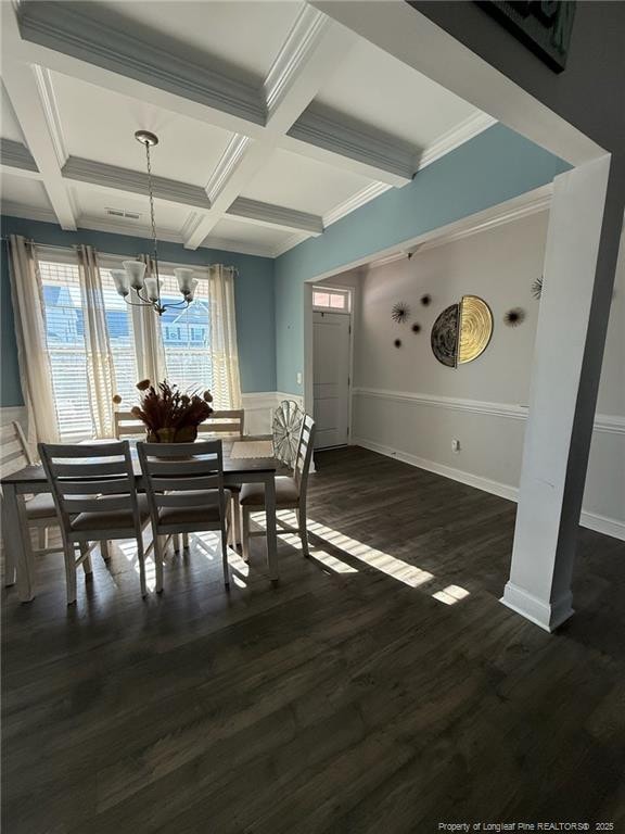 dining area with beam ceiling, coffered ceiling, dark hardwood / wood-style floors, a notable chandelier, and crown molding