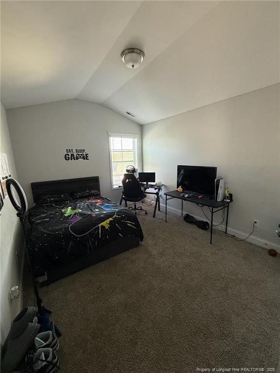 bedroom featuring lofted ceiling, carpet flooring, visible vents, and baseboards