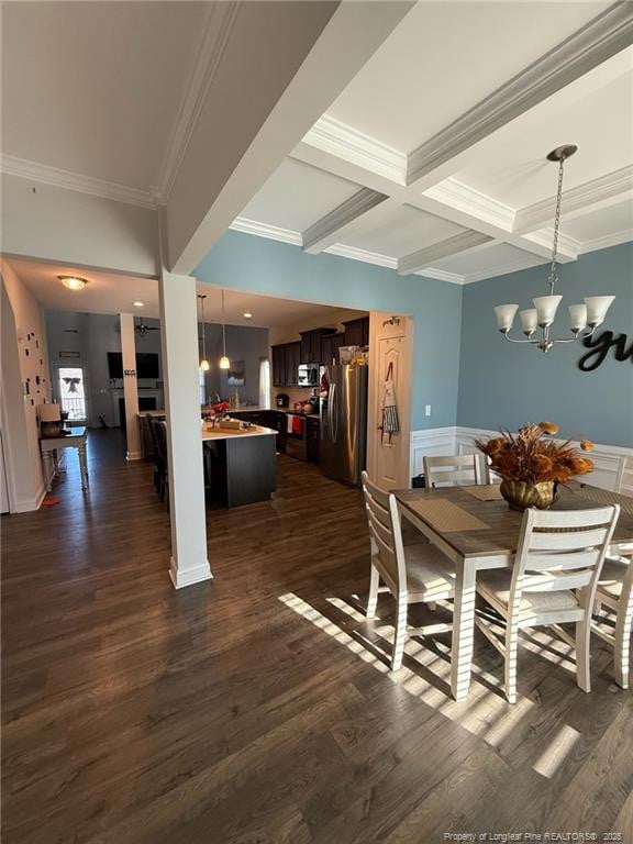 dining room with dark wood-type flooring, beamed ceiling, coffered ceiling, and an inviting chandelier