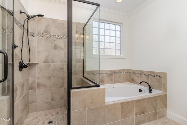 bathroom featuring crown molding and plus walk in shower