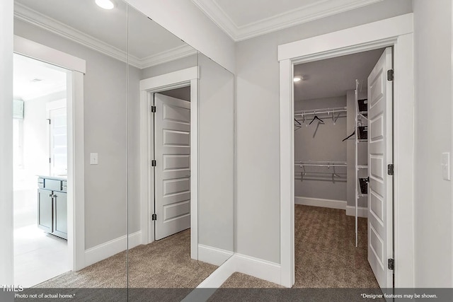 hallway with ornamental molding, baseboards, and carpet floors