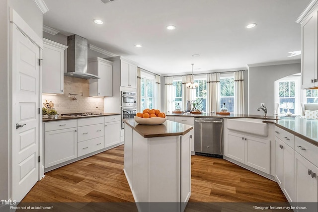 kitchen featuring appliances with stainless steel finishes, wood finished floors, wall chimney range hood, and a sink