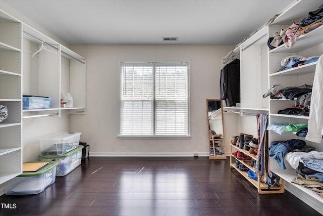 spacious closet with dark hardwood / wood-style floors