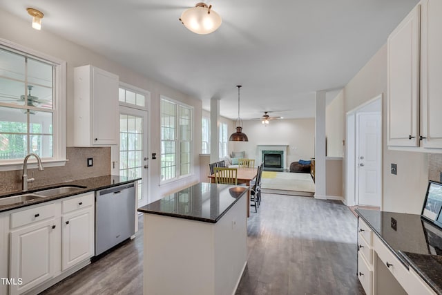 106 Dairy Ct, Chapel Hill, NC 27516 - kitchen with ceiling fan, dishwasher, a sink, dark wood-type flooring, and a glass covered fireplace