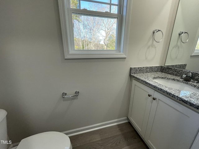 bathroom featuring hardwood / wood-style floors, vanity, and toilet