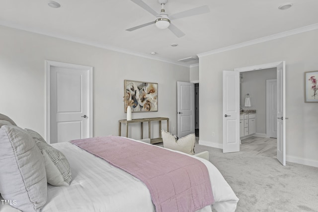 bedroom featuring light carpet, ornamental molding, a ceiling fan, and baseboards