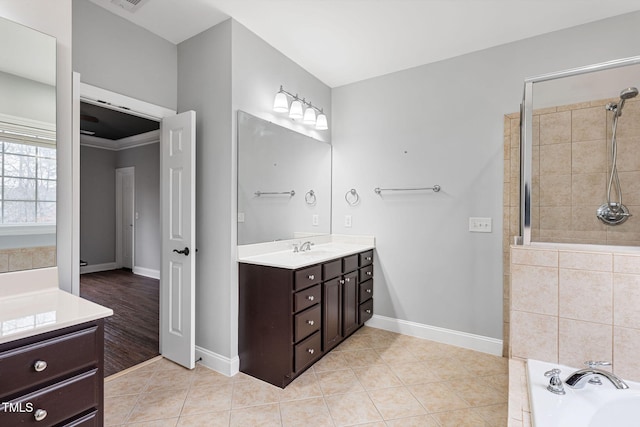 bathroom with vanity, crown molding, separate shower and tub, and tile patterned flooring