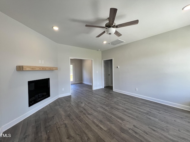 286 Longbow Dr, Middlesex, NC 27557 - unfurnished living room with dark wood-style floors, a fireplace, a ceiling fan, baseboards, and recessed lighting