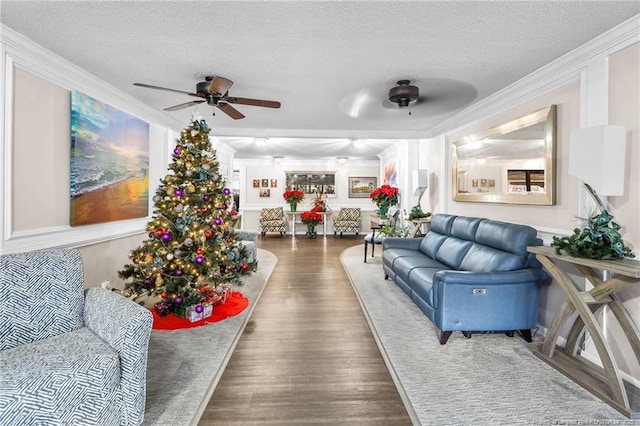 living room with a textured ceiling, ceiling fan, and ornamental molding