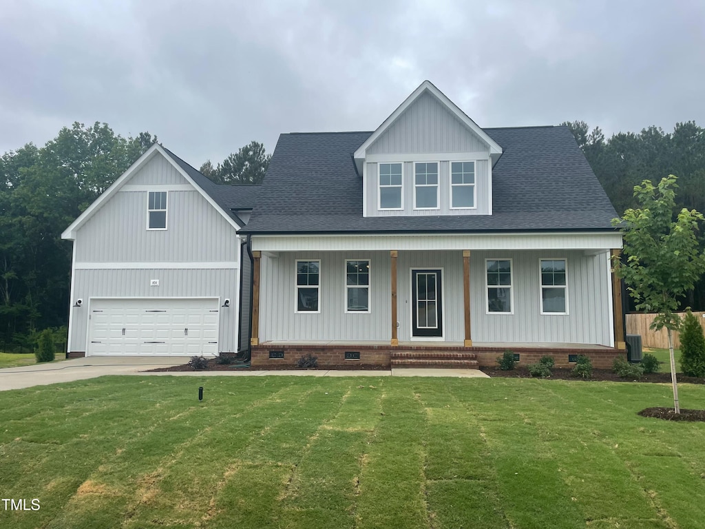 404 Brodie Rose Landing Way, Smithfield, NC 27577 - modern farmhouse featuring crawl space, a garage, roof with shingles, concrete driveway, and board and batten siding