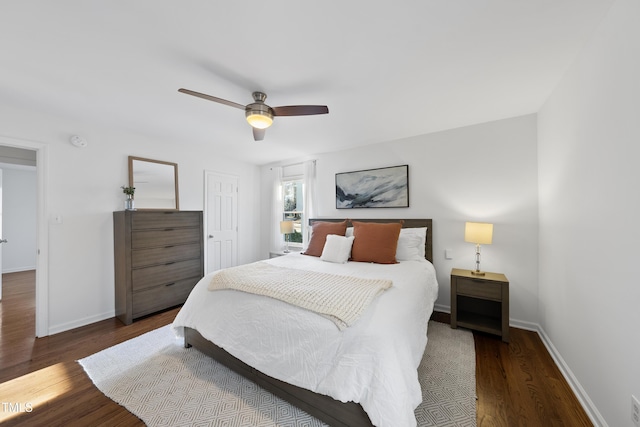 bedroom featuring ceiling fan and dark hardwood / wood-style floors