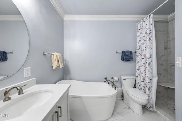 bathroom featuring vanity, ornamental molding, and shower with separate bathtub