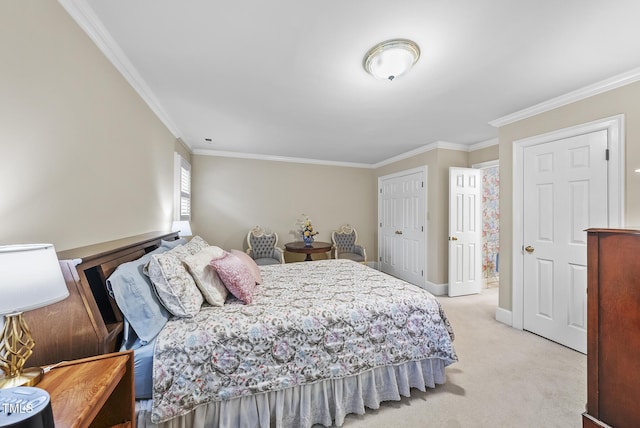 carpeted bedroom featuring crown molding