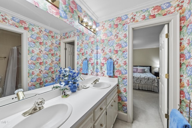 bathroom with vanity and crown molding