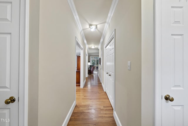 hallway featuring crown molding and light wood-type flooring