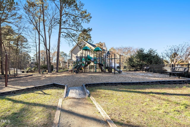 view of jungle gym featuring a yard