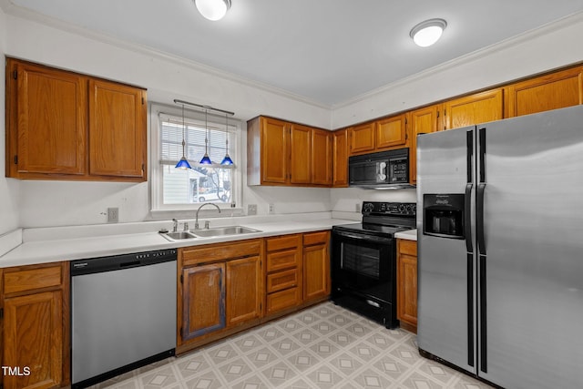 kitchen featuring ornamental molding, sink, and black appliances